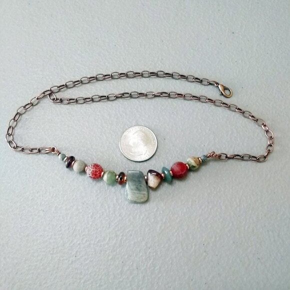 Asymmetrical Choker! Semi-Precious Stone Beads + Copper! Uniquely Handmade! - Picture 5 of 9